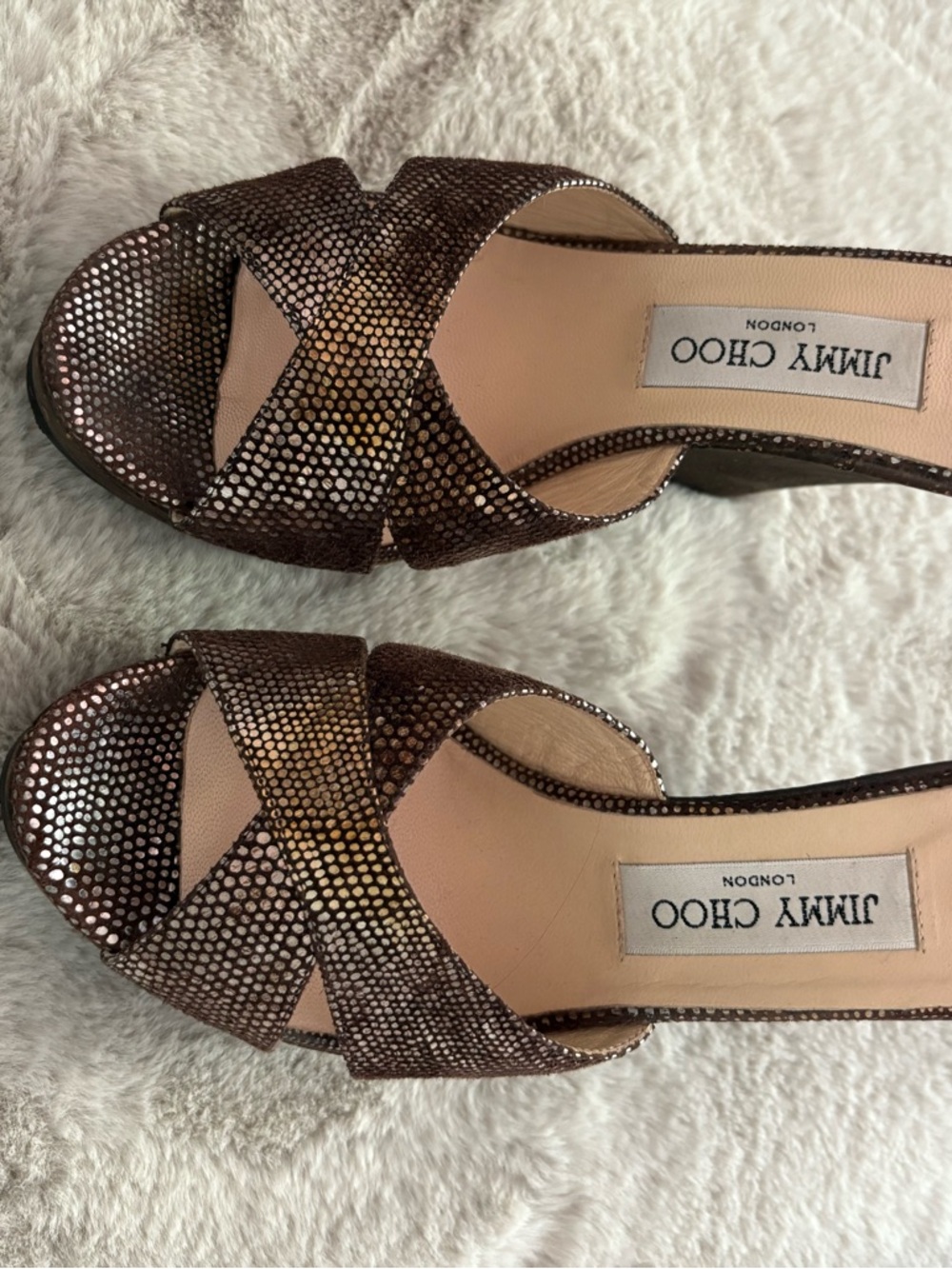 Jimmy Choo Bronze Sequin Cross-Strap Slide Sandals